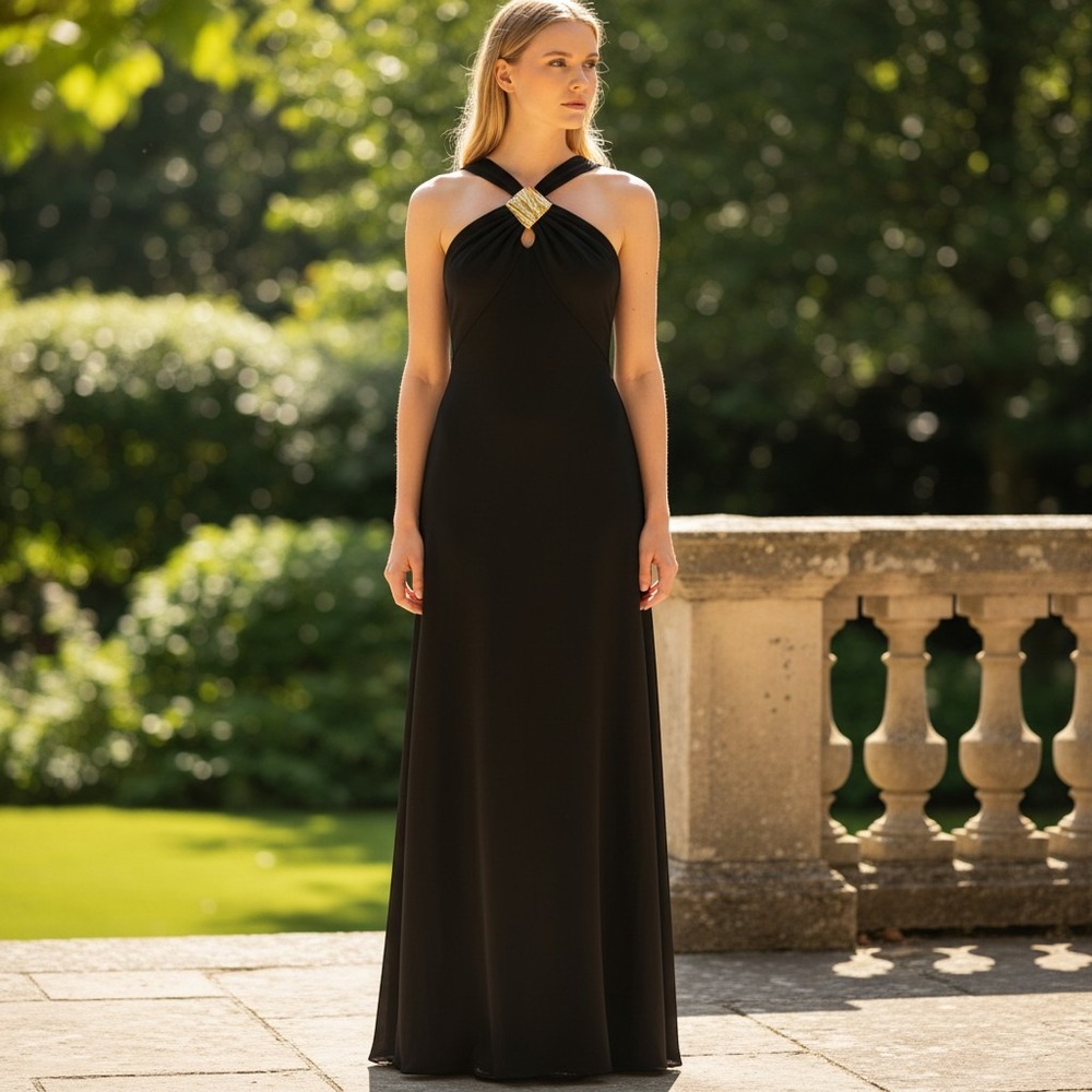 Gigi by Gillian Black Cocktail Dress Women 10 Black Long Goldtone Detail At Neck